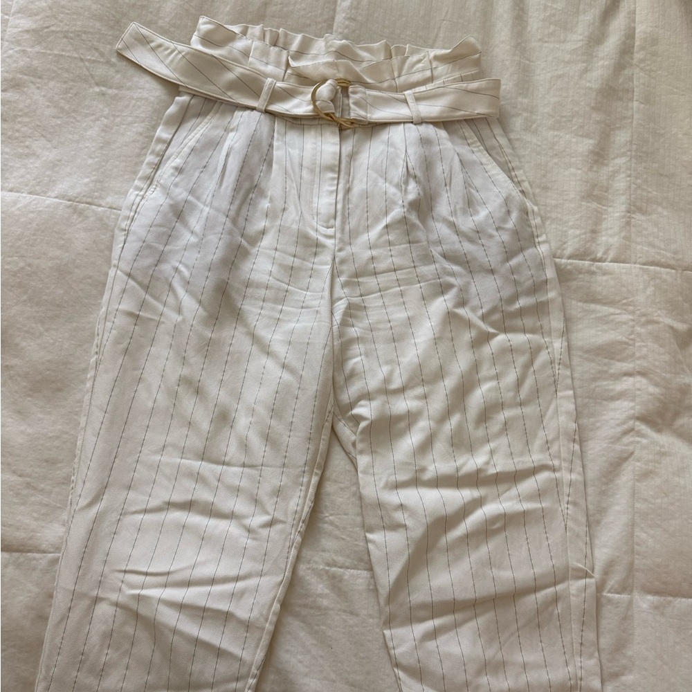Express Cream Pinstripe High-Waist Tapered Pants with Belt